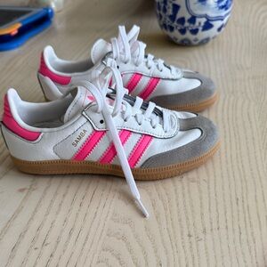 adidas Samba White Sneakers with Pink Stripes and Gray Suede